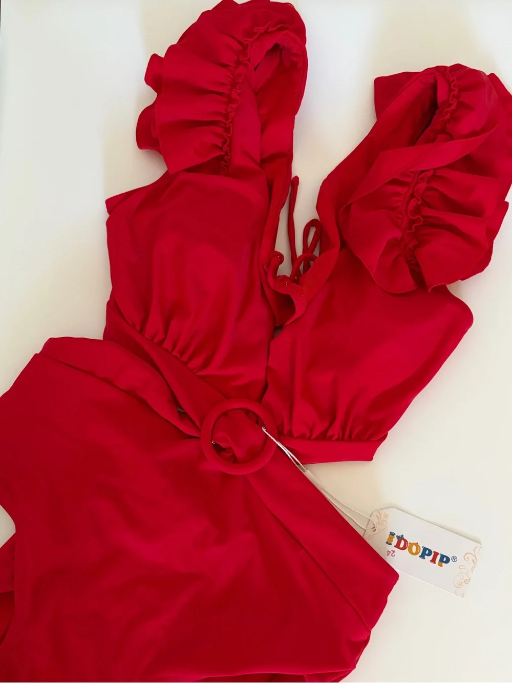 Red Ruffle Shoulder Cutout One-Piece Swimsuit NEW Medium - Picture 4 of 10